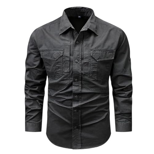 Chemise cargo homme manches longues coton coupe droite décontractée multi-poches