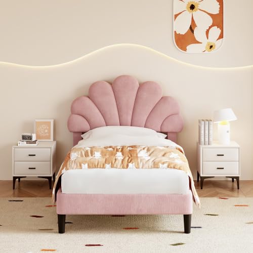 Merax 3ft Single Upholstered Velvet Bed Frame, Adjustable Chic Petal Headboard, No Box Spring Needed, Platform Bed Frame with Solid Wood Slats, Easy Assembly, Pink - Kids Bed, Girls Bed, Youth Bed