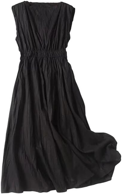 Women Texture Pleated Back Dress Sleeveless Minimalist Midi Dress Textured Fabric Dress