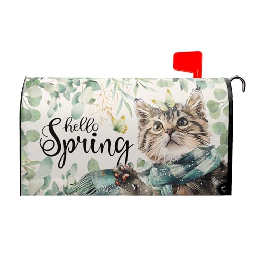Image of Hello Spring Cat Magnetic Mailbox Cover 25.5 inchx21 inch Watercolor Sage Green Eucalyptus Leaf Kitten Butterfly Mailbox Wrap Post Cover Large Size for Garden Yard Outdoor Outside Decor