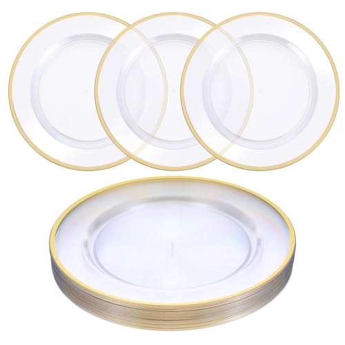 IANFAN 25 Pack 12 Inch Gold Charger Plates Clear Charger Plates with Gold Trim Disposable Plastic Charging Plate Bulk for Dinner Wedding Party Event Decoration