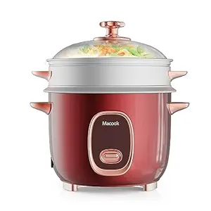 Macook Rice Cooker Electric 1 Litre with 2 Bowls, 5 Cups of Raw Rice for 1-3 Persons | Aluminium Cooking Pans | External Steamer | Glass Lid | Detachable Power Cord | One-touch Operation | 400W | Red
