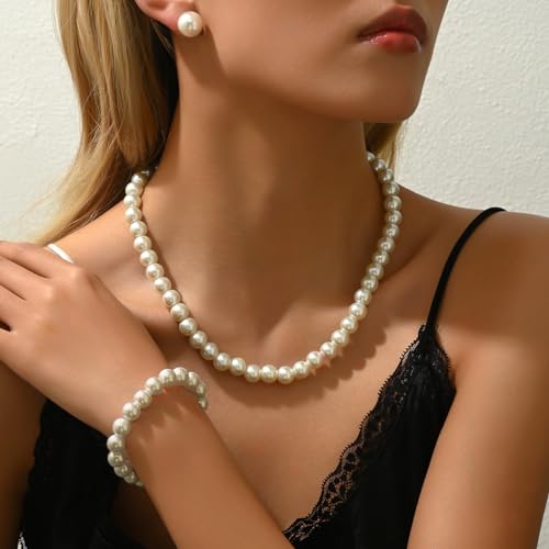 CSIYANJRY99 Pearl Necklace and Earring Set Faux Pearl Jewelry Sets for Women Imitation Beaded Pearl Necklace Bracelet Stud Earrings for Women4