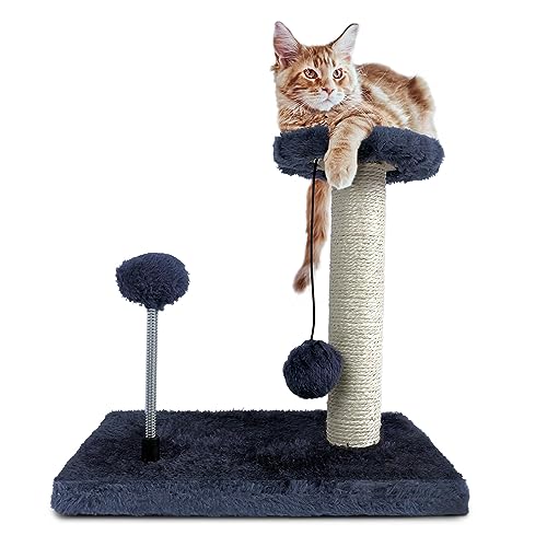 TIENDA EURASIA - Arbol para Gato, con Poste Rascador de Sisal, Base Rectangular, 30x20x28cm, Bola de Felpa Resorte y Bola Colgante, Gris Antracita, Juguete para Gatos
