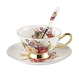 Graziles Erscheinungsbild – Porzellantasse gefertigt aus sehr hochwertigem feinem Porzellan, fein und geschmeidig, leicht durchscheinend und mit strahlendem Weiß innen. Schöne und elegante Form, weiß lasiert, bunte, geblümte Oberfläche.