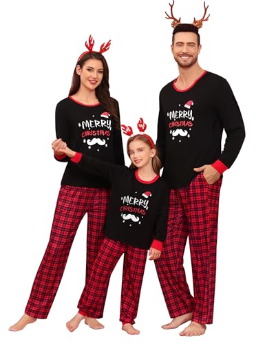 SWOMOG Couple Pajama Set Christmas Matching Family Long Sleeve Pj Set Xmas Printed Sleepwear Men&Women Plaid Pant with Pocket