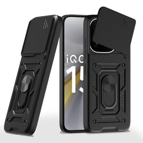 Image of Pikkme Back Cover for iQOO 15 5G | 360 Protection Case | Sliding Camera Shield Cover & Ring Holder Stand D10 Tough Armor Bumper Case (Black)