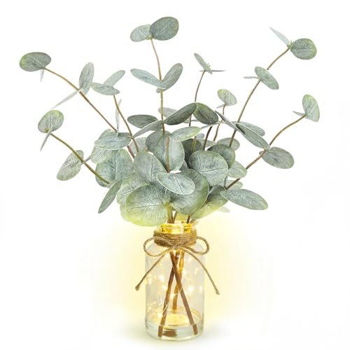 Bessol Artificial Eucalyptus Stems in Glass Vase with Faux Water, Fake Plants for Home Decor, Coffee Table Centerpieces, Office, Bathroom & Farmhouse - Faux Plants Decorations