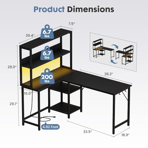 Image of DUMOS 53 inch L Shaped Gaming Desk with LED Light & USB Power Outlet, Black