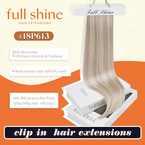 Image of Full Shine Clip in Hair Extensions 24 inch 160g 8 Pcs, Ash Blonde | Real Human Hair, Invisible PU Skin Weft, Thick Ends, Full Head Coverage, Adds Length & Volume, Bridal Styling, Heat Friendly
