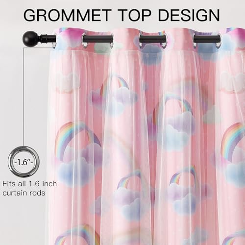 Image of XiDi Pink Curtains for Girls Bedroom 2 Panels 63 Inches Long Cute Double Layer Kids Rainbow Blackout Curtains with Sheer Overlay Lace for Nursery Princess Thermal Insulated Grommet Window Drapes 34x63