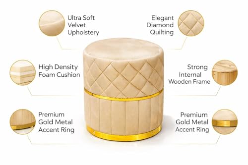 Image of Premium Velvet Puffy Ottoman Stool for Living Room, Bedroom and Dressing Area | Round Footrest with Diamond Quilting and Gold Base | Soft, Stylish and Durable Seating (Cream)