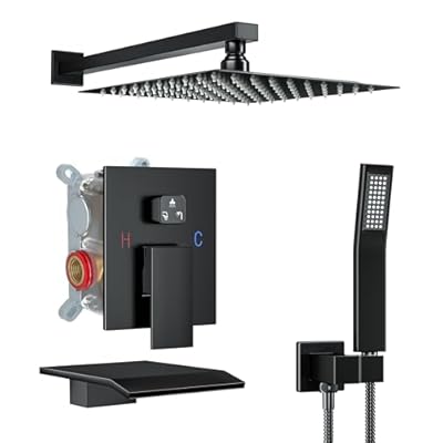 ShiureBath 10 Inch Shower Faucet Set with Tub Spout Wall Mounted Shower System for Bathroom with High Pressure 10 Inch Rain Shower head and Handheld Shower Head Set, Matte Black