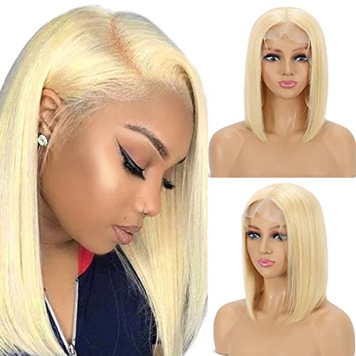 LVWIGXE Blonde 613 Bob Wig Human Hair Straight 13x4 Lace Frontal Bob Wig for Black Women Brazilian Virgin Human Hair 613 Lace Front Wig Bob Pre Plucked 180% Density (14 Inch, 613#)