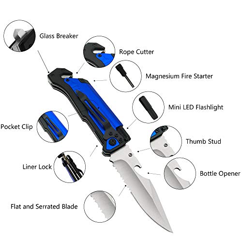 Image of ALBATROSS Best 6-in-1 Survival Tactical Military Folding Pocket Knives with LED Light,Seatbelt Cutter,Glass Breaker,Magnesium Fire Starter,Bottle Opener;Multi-Function Emergency Tool(Blue-SA)