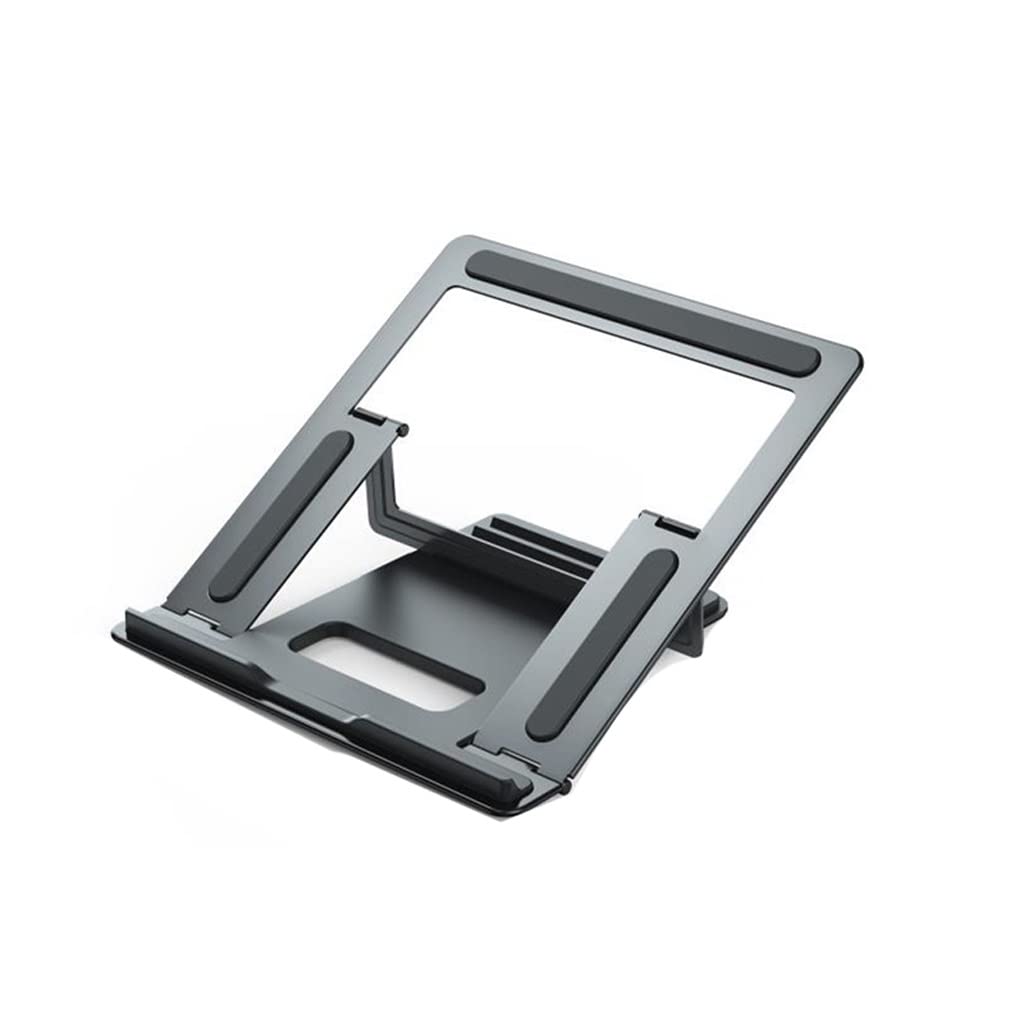 Soporte de ordenador portátil gris de metal con estructura plegable y elevador de escritorio