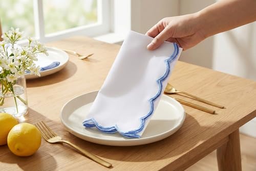 Image of PurpleEssences Scalloped Cloth Napkins 18x18 in - White Edges Light Blue