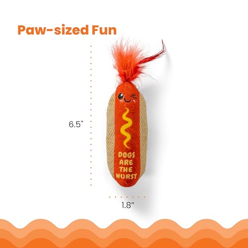 Image of Catstages Hotdog Kicker Toy with Catnip and Dental Mesh, Hot Dog Shape, Plush and Feather Cat Toy for Kicking, Tossing, and Teeth Cleaning, Brown