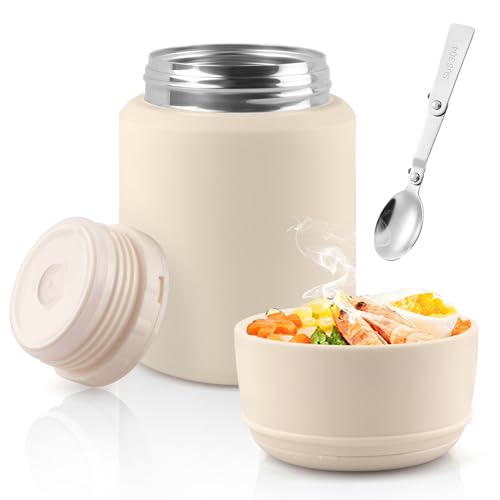 Acasimo Thermobehälter für Essen 550ml, Edelstahl Warmhaltebehälter Essen mit Löffel, müslibecher to go, Thermo lunchbox für Gefrierschrank, Spülmaschine, Erwachsene(Weiß)