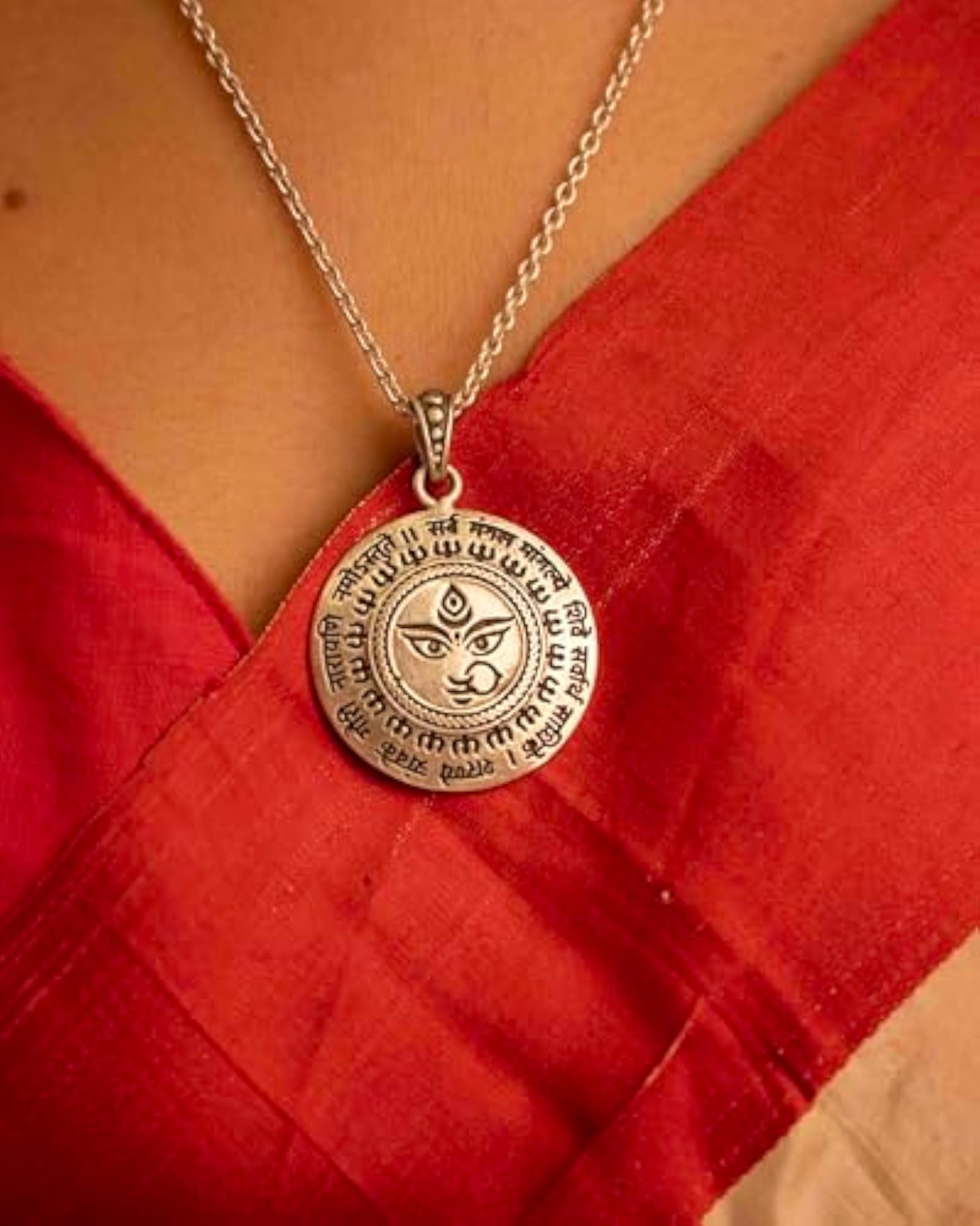 Women's Silver Chain Necklace with Durga Maa Mantra Pendant