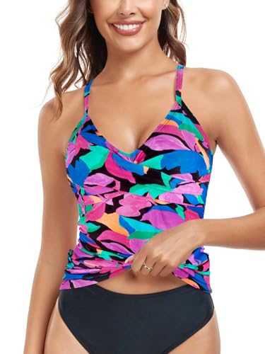 Image of RELELCIGA Women's Tankini Top V Neck Ruched Tummy Control Bathing Suit Top
