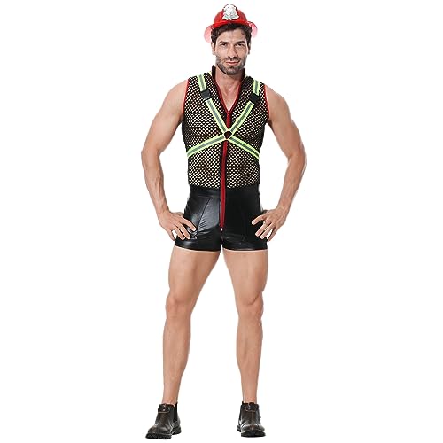 Costume D'Halloween Pour Homme - Tenue de Pompier Réfléchissante - Une Pièce - Ensemble de Lingerie Sexy - Jeu de RôLe - Uniforme de Boîte de Nuit