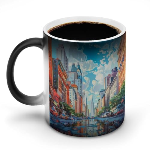 水たまりに映る街路上の建物マグカップ 変色カップ 魅力的な都市景観 雄大な建物 コーヒーカップ 高級 おしゃれ 人気 誕生日プレゼント ギフト 贈り物 彼女 妻 友人 家族 愛する人への素敵なプレゼント バレンタインデー 結婚記念日 プレゼント 350ml