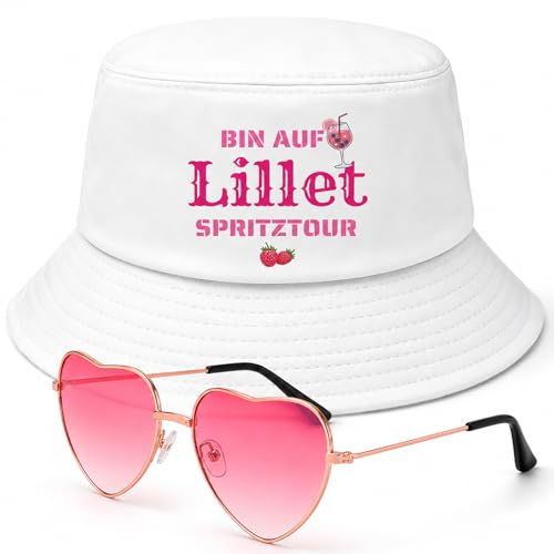 PIujsym Kostüm Damen Set Mit Fischerhut & Herz-Sonnenbrille Bin Auf Spritztour Anglerhut Weiß Wildberry Kostüm & Festival Zubehör Mallorca Party Outfit Malle Outfit Damen