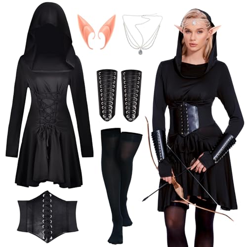 Ropa medieval para mujer, vestido con capucha, falda para mujer, vestido de elfos renacentistas, vestido medieval con capucha, juego de vestido con capucha, cinturón de cosplay, para Halloween,