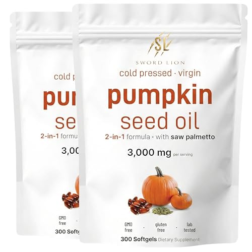 Pumpkin Seed Oil Capsules Cold Pressed Virgin Pumpkin Oil Essential Fatty Acids & Phytosterols Pack of 2 300 Softgels Skin & Daily Wellness Non-GMO Supports Hair Heart Skin 3000 MG (600 pcs)