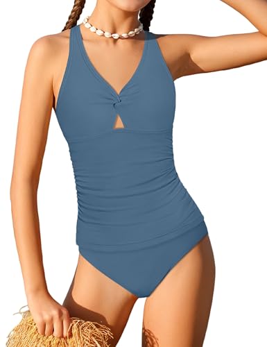 CRISONE Girls Swimsuit 2 Piece Twist Tankini Swimsuits Ruched Tropical Printed Girl Bathing Suit for 9-16 Years