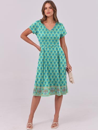 Image of ANRABESS Women Summer Dress Casual Short Sleeve V Neck A-Line Knee Length Pleated Flowy 2026 Fashion Midi Dresses with Pocket