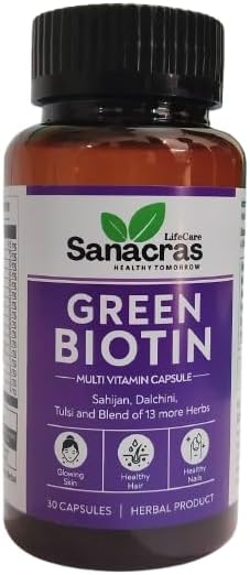 LifeCare Green Biotin Multivitamin Capsules – Herbal Blend with Sahijan, Dalchini, Tulsi & 13 Herbs for Healthy Hair, Glowing Skin & Strong Nails – 30 Capsules SKU-HS-77