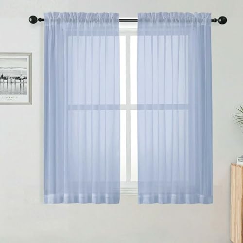 Image of OWENIE Short Sheer Curtains for Bedroom Living Room 54 Inch Length 2 Panels Set, Soft Solid Light Filtering Sheer Curtain for Small Window, 2 Pcs Total 84 Width 54 Long, Demin