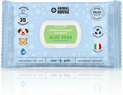 Animal House Salviette Profumate 35 PZ: Salviette Umidificate Ipoallergeniche e Biodegradabili per la Pulizia Quotidiana di Cani e Gatti (ALOE E CLOREXIDINA)