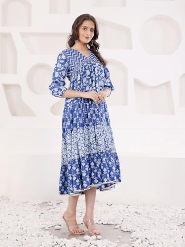 Image of SAVI Blue Cotton Lurex A Line Detailed Dress