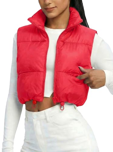 Fuinloth Womens Padded Vest High Stand Collar Lightweight Zip Crop Puffy Gilet Red M