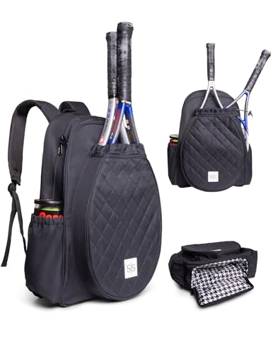 Womens Tennis Bag (Black) - Tennis Racket Bag w/ Vented Shoe Pocket - Tennis Backpack for Men & Women Holds 2 Rackets - Polyester Compact Backpack Storage Organization Bags for Balls, Shoes, & More