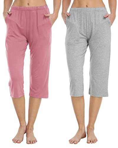 JINSHI Bas de Pyjama Femme Pantacourt Doux Confortable Modal Vêtements de Nuit Taille Élastique avec Poches (Gris clair, Rose B) Taille L