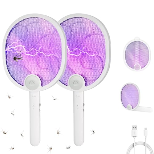 2 Pack Electric Fly Swatter Racket, Large 2 in 1 Bug Zapper Racket, Fly Killer and Mosquito Trap Lamp, Micro USB Rechargeable with 1200mAh Battery for Indoor and Outdoor Home Backyard Patio Camping