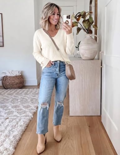 Image of Zeagoo Womens Sweaters Fall Trendy Casual Long Sleeve Shirt Lightweight V Neck Off Shoulder Crochet Pullover Top Outfit