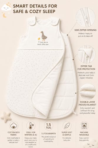 Image of TuddyBuddy Baby Cotton Wearable Quilted Sleeping Bag Blanket 1.5 Tog with 1 Way Zipper Closure | Ideal for Babies & Kids Hypoallergenic Fabrics | (Ducks & Small Dots AOP - White, 12-18 Months)