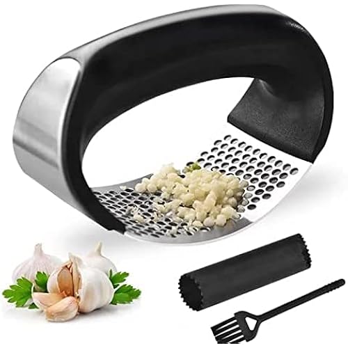 Aisha Garlic Press Rocker- Stainless Steel Garlic Mincer Crusher with Silicone Tube Garlic Peeler Set, Handheld Garlic Crusher Dishwasher safe- Professional Kitchen Gadget -Easy to Clean