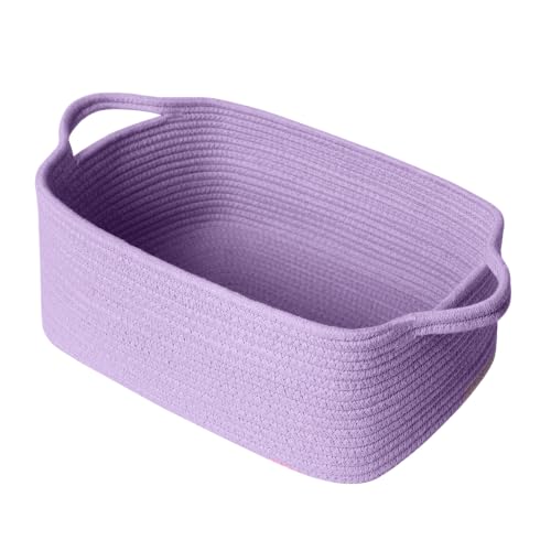 MEGASKET Purple Woven Basket 13.5 x 10 x 6 Purple Empty Gift Basket to Fill Decorative Cotton Rope Storage Bin for Organizing Cute Baby Nursery Organizer Rectangle Dog Toy Bin Room Decor