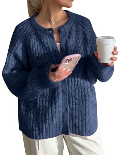 Image of COZYPOIN Women Chunky Cardigan Open Front Sweater Long Sleeve Knitted Cardigan Button Down Outerwear Knitwear Navy