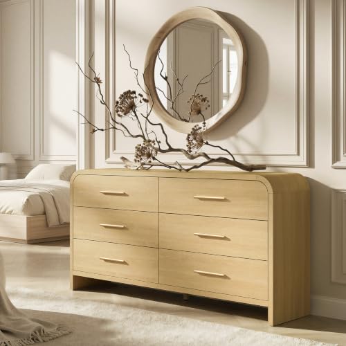 Image of Curved 6-Drawer Dresser for Bedroom, 54 inch Wide Modern Chest of Drawers, Vanity Desk TV Stand for Living Room, Closet Storage Drawers Organizer Furniture, Nursery, Hallway, Natural Oak