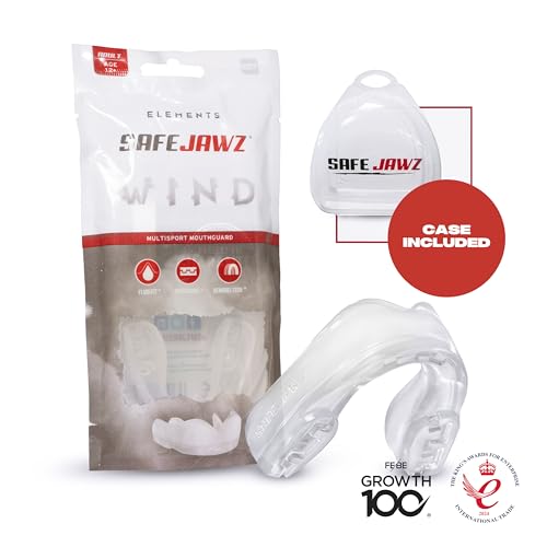 Image of SAFEJAWZ Mouth Guard, Elements Dual Layer Mouthguard for Adults with Case, Easy Fit Remoldable Mouthpiece for Football, Boxing, Lacrosse, Basketball & All Contact Sports (Adult 12+ Years, Wind)