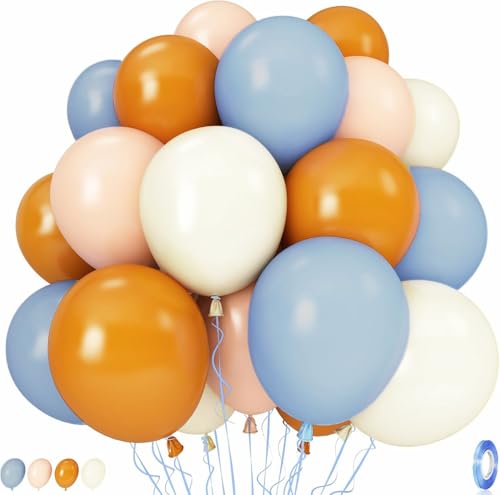 Image of Burnt Orange and Blue Fall Balloons, 12 Inch 35PCS Dusty Blue Orange Taupe Peach Balloon, Fall Balloons for Birthday Baby Shower First Fall Thanksgiving Autumn Harvest Market Themed Party Decorations