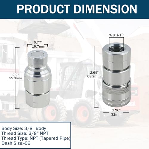Image of 3 /8 inch Skid Steer Flat Face Hydraulic Quick Connect Couplers With Dust Covers - Compatible With Parker FE Series | Safeway FFE49 Series | Faster FFH Series