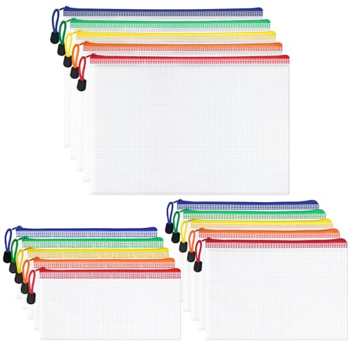 WISYOK 15 Stück Dokumententasche A4 A5 A6, wasserdichte Mesh Dokumententasche mit Reißverschluss, Reißverschlusstasche für Dokumente, Dokumententaschen für Büro, Schule und Reisen (5 Farben)